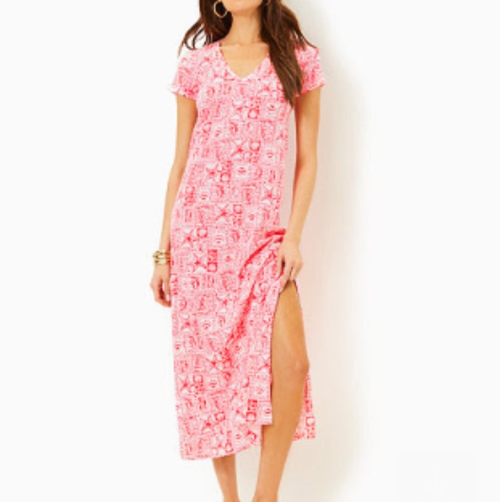LILY PULITZER Med ETTA Mizner Red Maxi T-Shirt Dress Seaside Harbour
